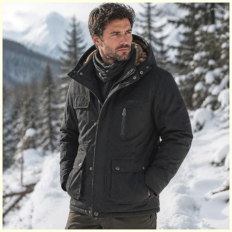 Men's Winter Hooded Thick Warm Cotton Cargo Jackets Quilted Heavyweight Windproof Casual Outdoor Streetwear Versatile Coat Men