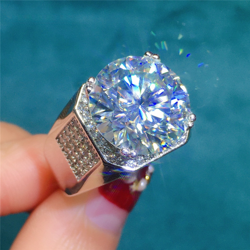 Silver 925 Original 14mm Round Brilliant Cut Diamond Test Past D Color Moissanite Party Ring for Men Gift Fine Jewelry