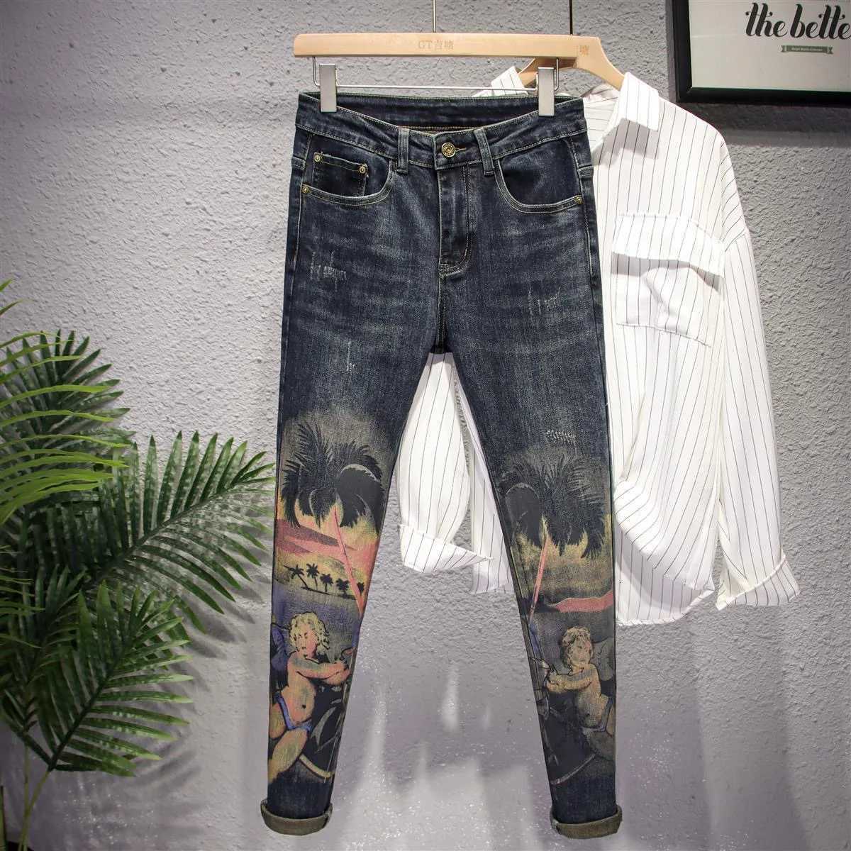 Men's Jeans Spring and Autumn New Fashion Trend Printed Straight Leg Elastic Jeans For Men's Casual Retro Sports High-Quality Jeans 28-36