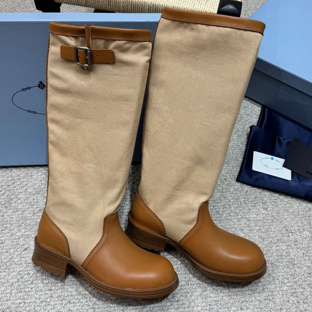 Leather And Canvas Boots Womens Designer Knee Boot Biker Style Comfort Brand Knee High Boot Fashion Luxury Autumn Winter Knight Boots Leather Lining