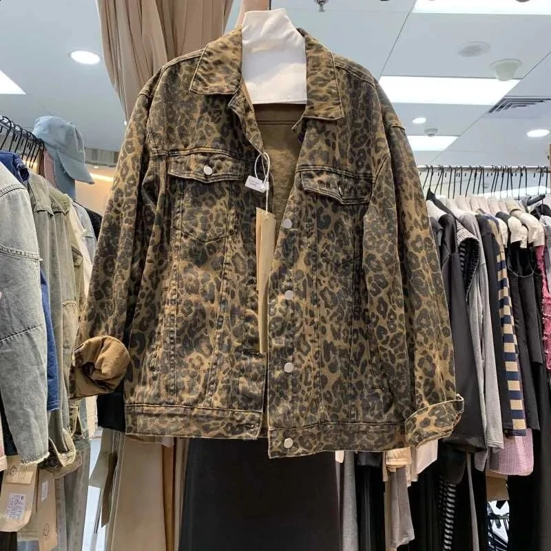 American Retro Spice Leopard Print Jacket Denim Single-Breasted Coat Autumn Loose Comfortable Joker Top women's Fashion Coat 260918
