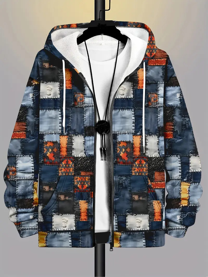 Retro Plaid Print Patchwork Zip Hoodie Men's Clothing Hot Style Long Sleeve Pullover Trend Streetwear Men zip up Hoodies