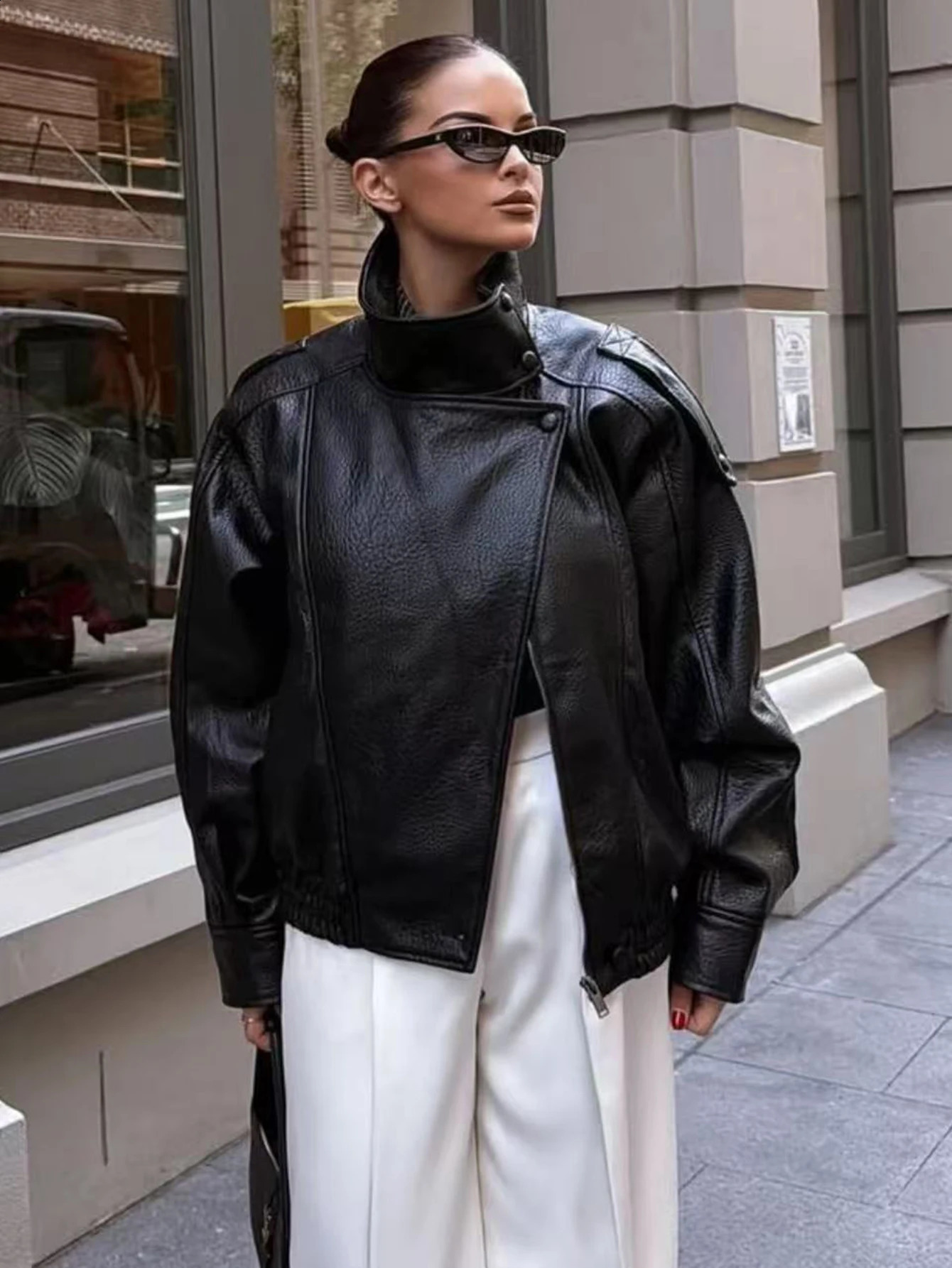 TFMLN Women Faux Leather Loose Jacket High Street Stand Collar Long Sleeve Coat Fashion Causal Zipper Outwear Autumn Winter 260918