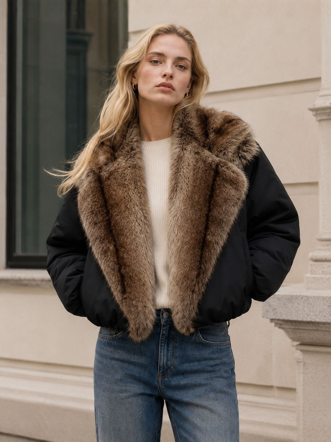 Women Oversized Short Retro Style Fur Lined Cotton Jacket With Large Plush Collar For Ladies Warm Outerwear For Daily Commute Date Party Outfit In C