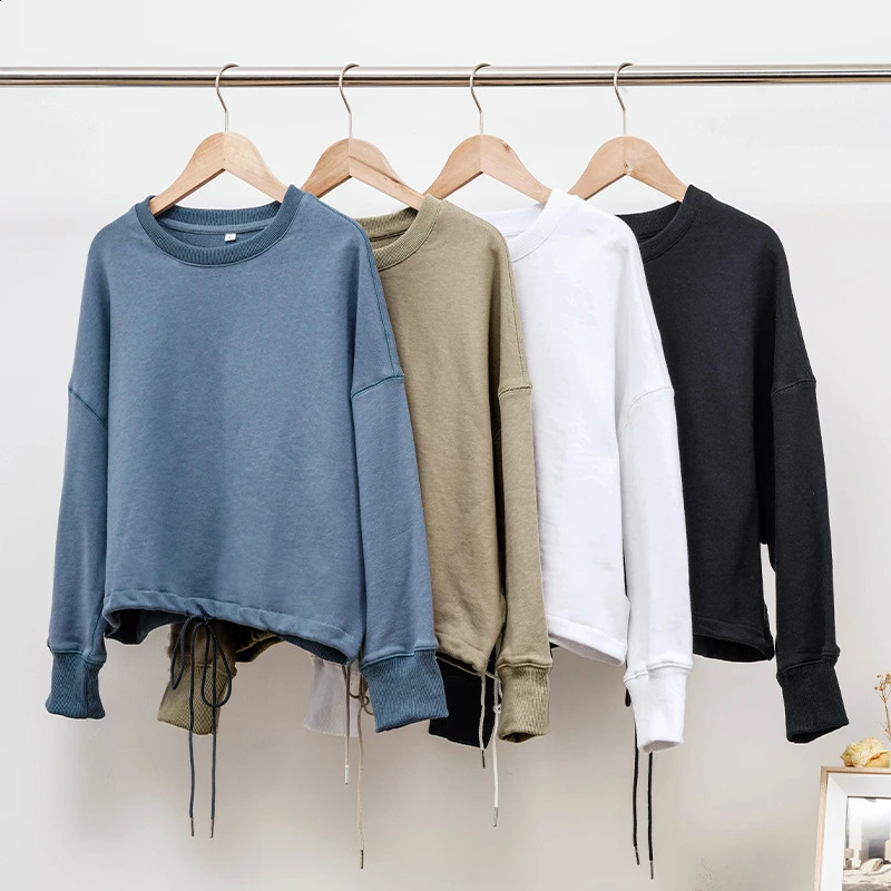 100% Cotton Womens Drawstring Sweatshirt Autumn Casual Solid Long Sleeved Korean Fashion Streetwear Female Pullover 260920