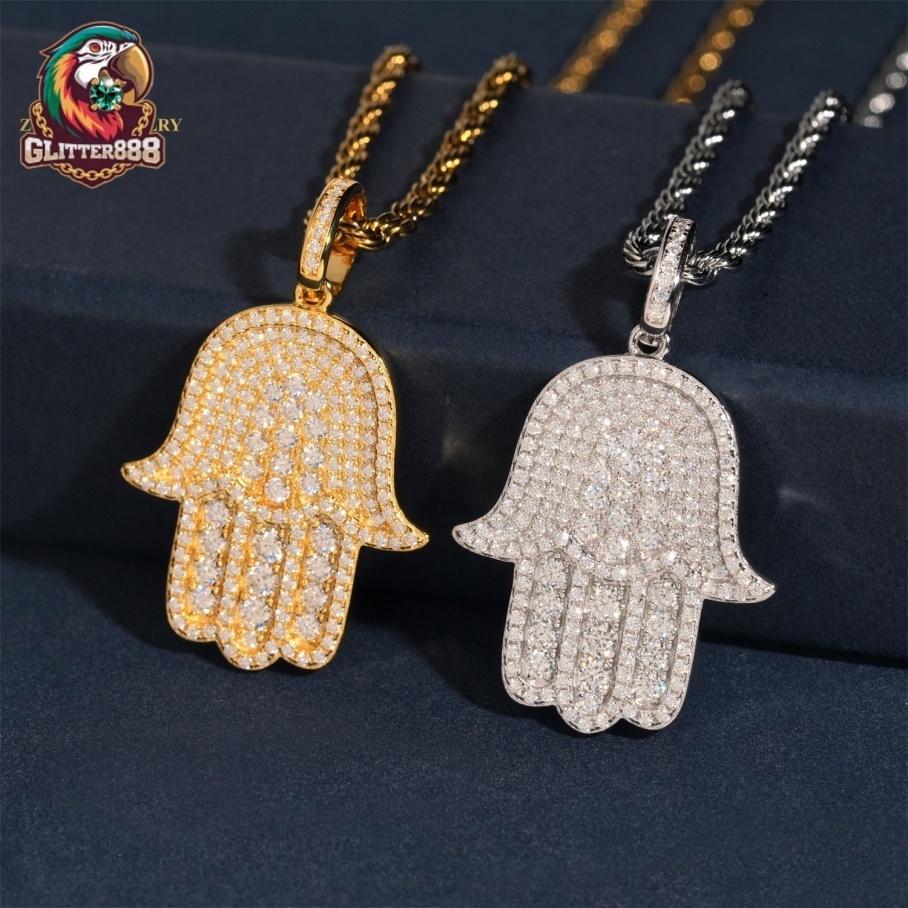 Pass Tester 925 Solid Silver Hip Hop VVS Moissanite Jewelry Lucky Charm Pendant Custom Iced Out Diamond Hamsa Hand Pendant