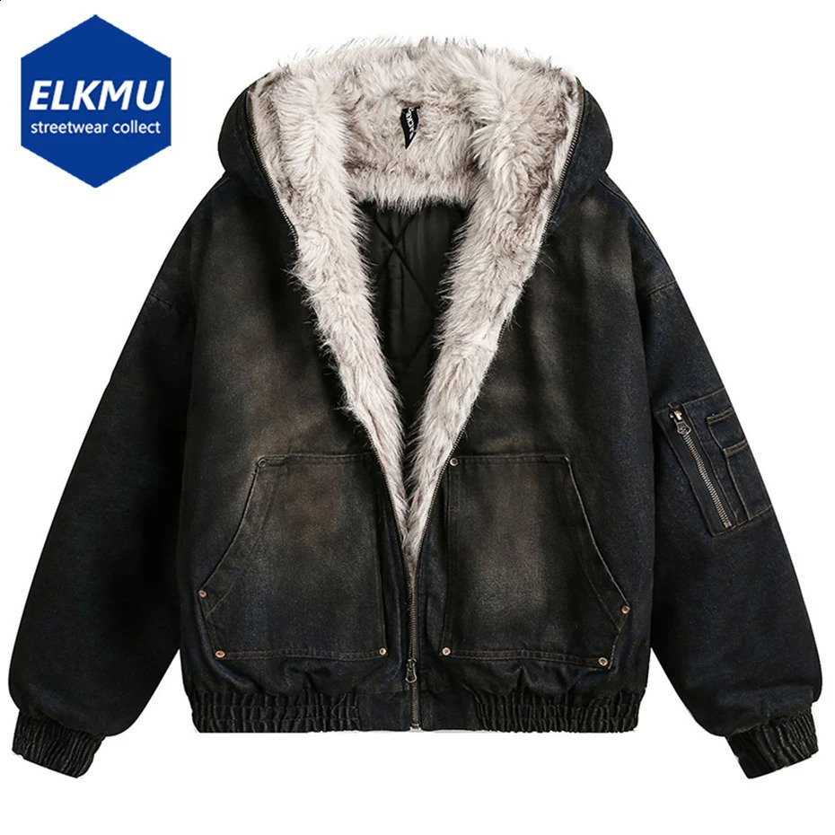 Vintage Denim Parkas Fur Warm Padded Jackets Men Streetwear Harajuku Oversized Bubble Coat Outwear 260920