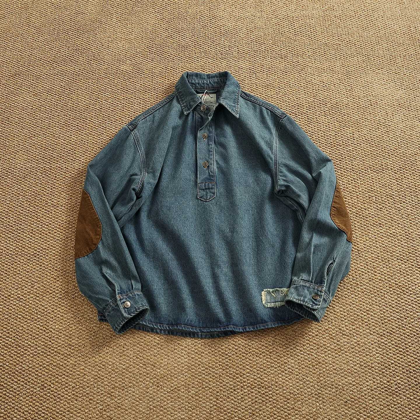Men's Casual Shirts Retro distressed Henry collar denim shirt men's loose washed corduroy patch long-sleeved shirt X260919