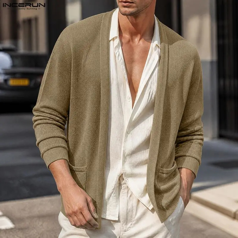 INCERUN Men's Cardigan Solid Color Knitted Long Sleeve Pockets Casual Sweaters For Man Streetwear Open Stitch Men Clothes 2026 260918