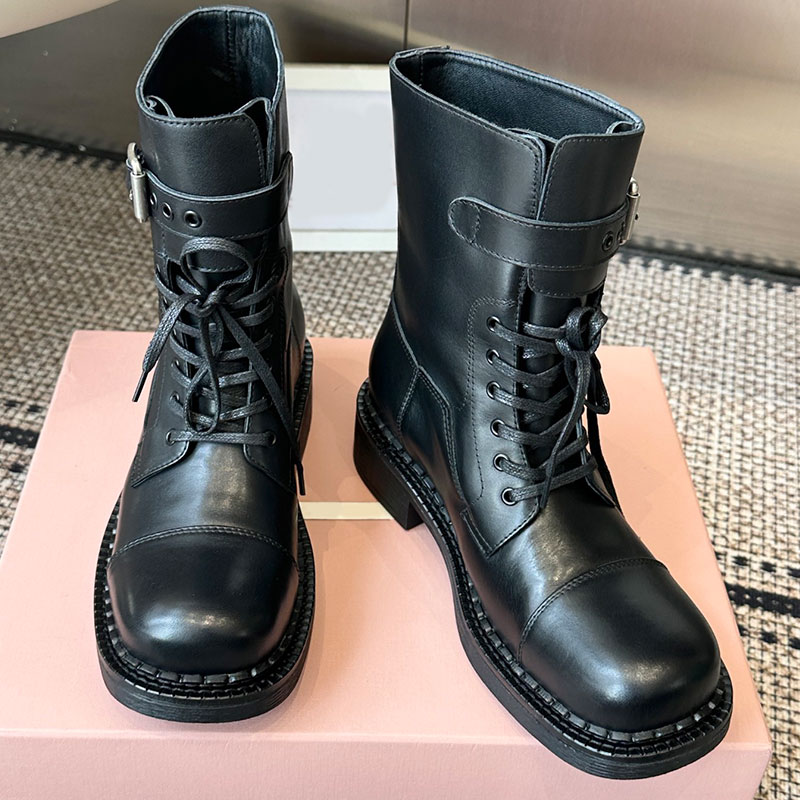 Designer Fashion Week Ankle Boots Womens Autumn winter Boots High quality cowhide leather upper soft comfortable cowhide lining round head buckle an