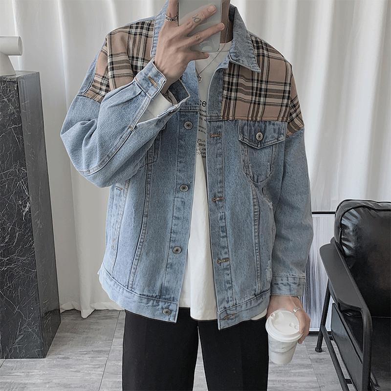 Luxury Mens Designer Denim Jacket High-end Classic Style Grid Splicing Retro Fashion Casual Youth Mens Top Loose Plus Size Comfortable Windproof Top