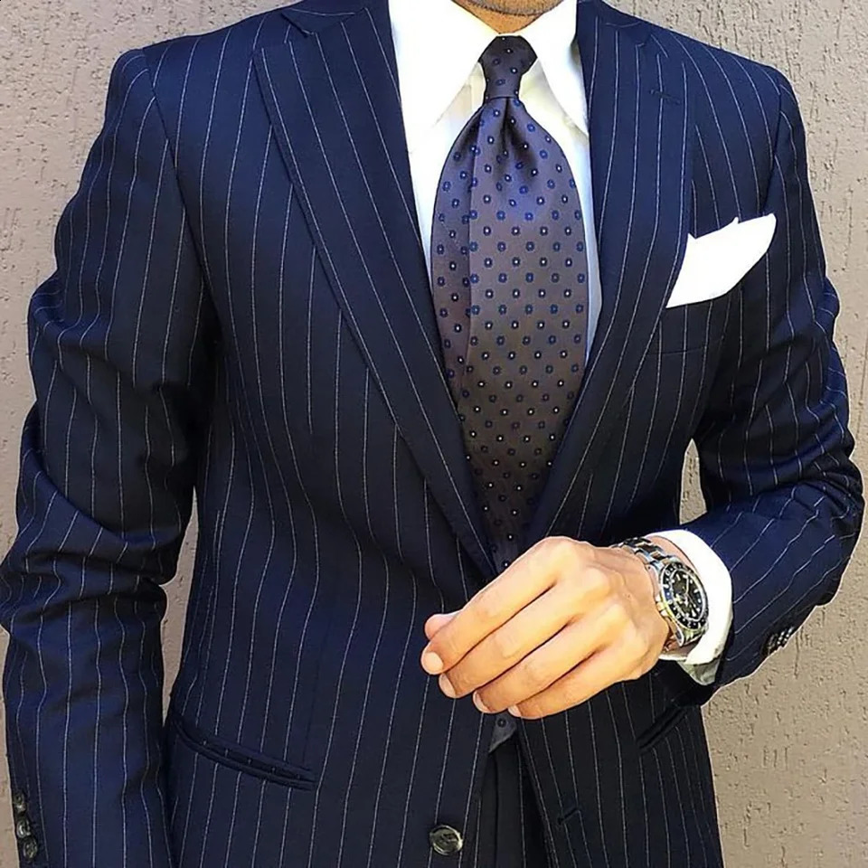2 Piece Navy Blue Striped Wedding Suits for Men Notch Lapel Groom Tuxedos Business Costume Homme Prom Party BlazerPants 260918