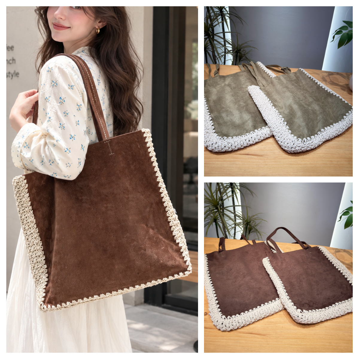 Women's Fall Winter Fashion Vintage Designer Suede Handbag Crochet Trim Suede Tote bag Casual Slouchy Shopping Ladies Shoulder Purse Large Flat