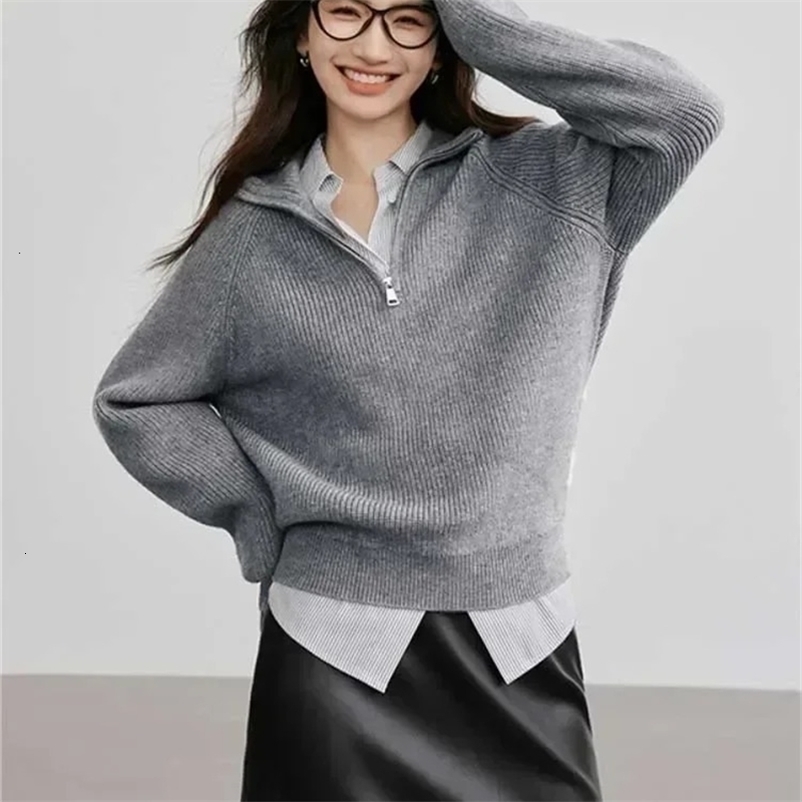 Women's Sweaters Zipper Long Sleeve Solid Casual Lapel Knitted Pullovers Loose Female 2026 Autumn Jumper Oversized Sweater Women 260918