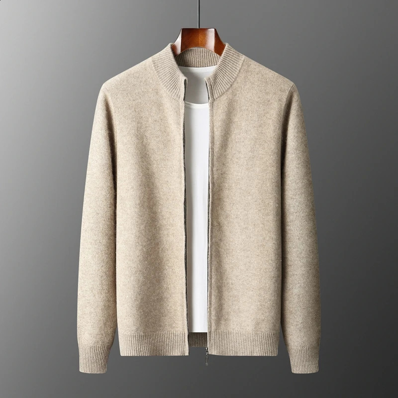 100% Merino Wool Men's Warm Sweater Mock Collar Thickened Zippered Cardigan Autumn Winter Cashmere Knitted Long Sleeve Tops 260920