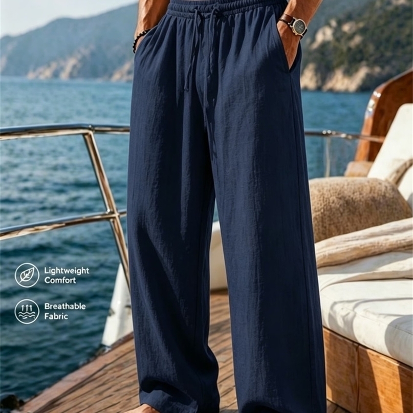 Mens Cotton Linen Wide Leg Pants Elastic Waist Drawstring Loose Trousers Lightweight Breathable Summer Beach Casual Long 260917