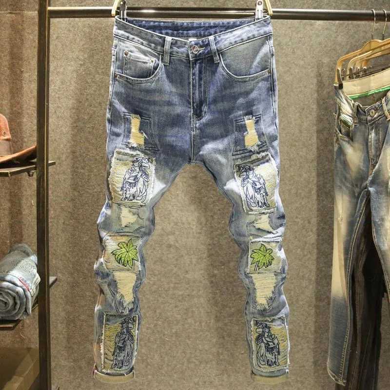 Men's Jeans 2024 Autumn/Winter New Fashion Trend Print Retro Straight Leg Jeans Men's Casual Loose Comfortable High Quality Stretch Pants