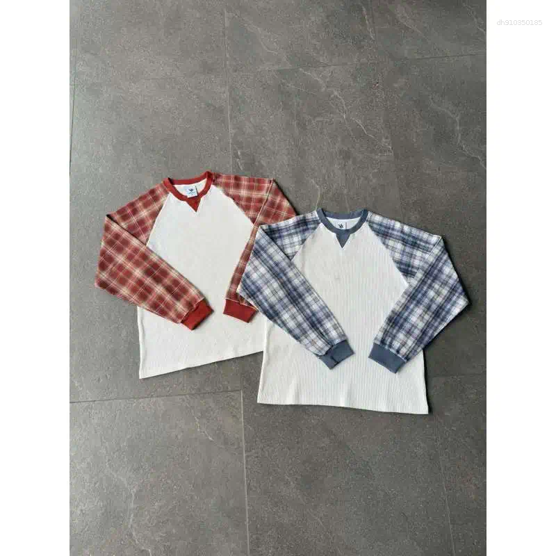 Ins Streetwear Pullover Tee Women European American Retro Plaid Print Crew Neck Long Sleeve Trendy Fashion Top