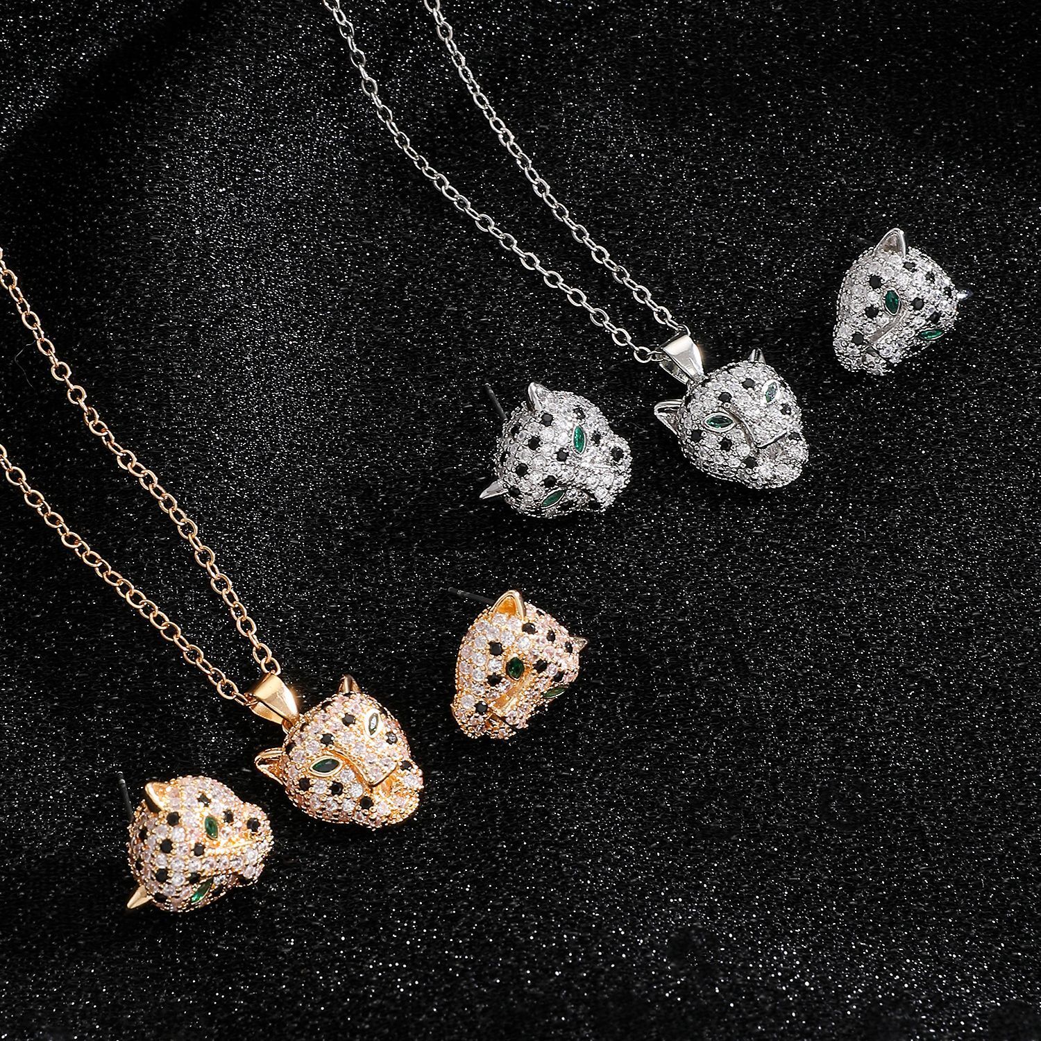 European And American Cross-Border Hot Selling Hip-Hop Leopard Head Pendant Earrings Necklace Set Micro Inlaid Full Diamond Fashion Light Luxury Acc