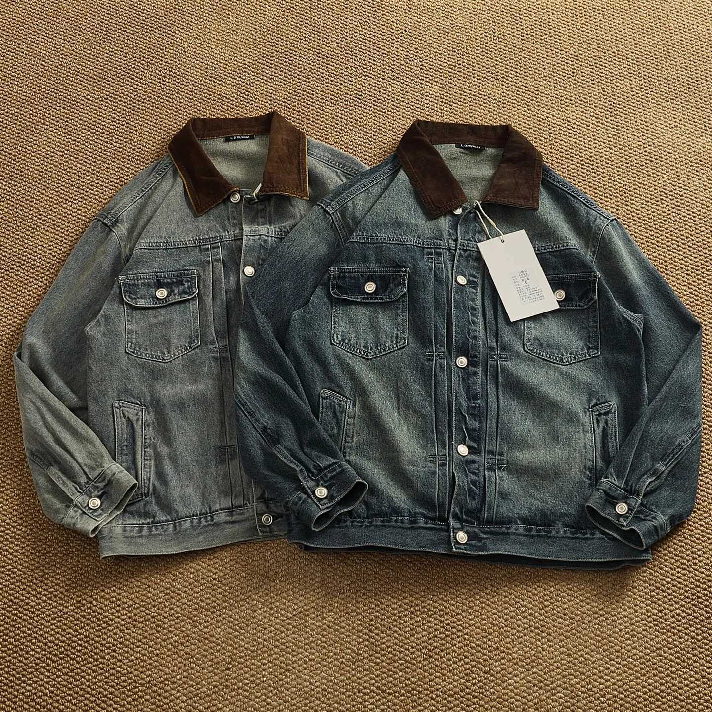 Men's Jackets Retro distressed denim jacket corduroy collar patchwork jacket spring and autumn loose workwear denim top X260919