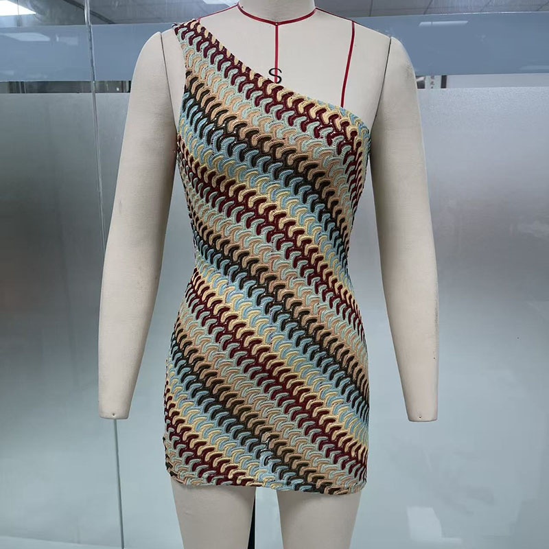 Women Y2K Style Single Shoulder Striped Dresses Luxury Slim Fit Sleeveless Mini Dress Summer Street Style Resort Vacation Dress