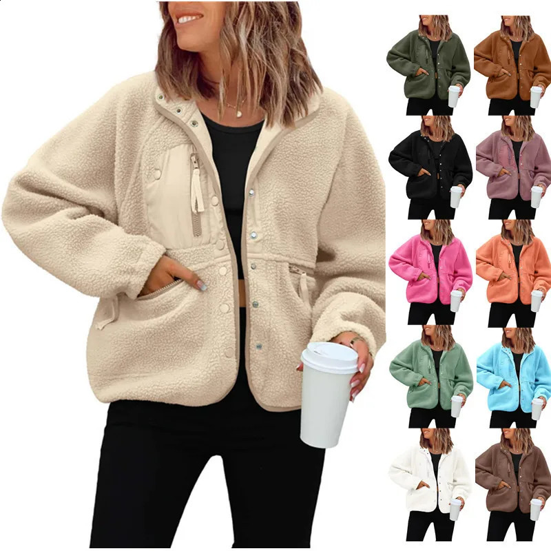 Women's Fleece Jackets Warm Casual Sweatshirt Tops Solid Color Loose Long Sleeve Stand Up Collar Lamb Wool Zipper Outwear 260920