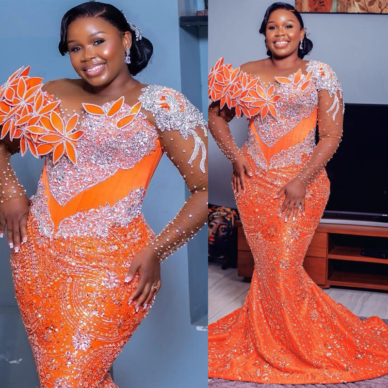 Plus Size Orange Prom Dress 2026 Robe De Sorrie Mermaid Evening Dresses Sheer Neck Beaded Lace Crystals Birthday Dress Second Reception Gowns AM3871
