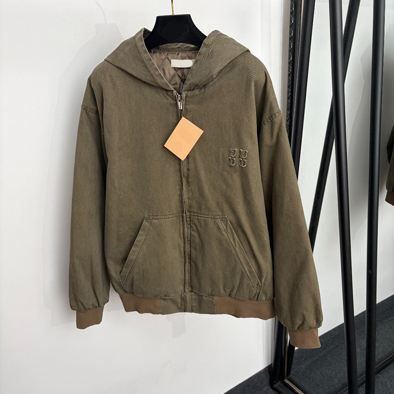 Women Retro Hooded Quilted Jackets Embroidery Zip Long Sleeve Padded Jackets Kangaroo Pocket Rib Cuff Winter Warm Coat for Women