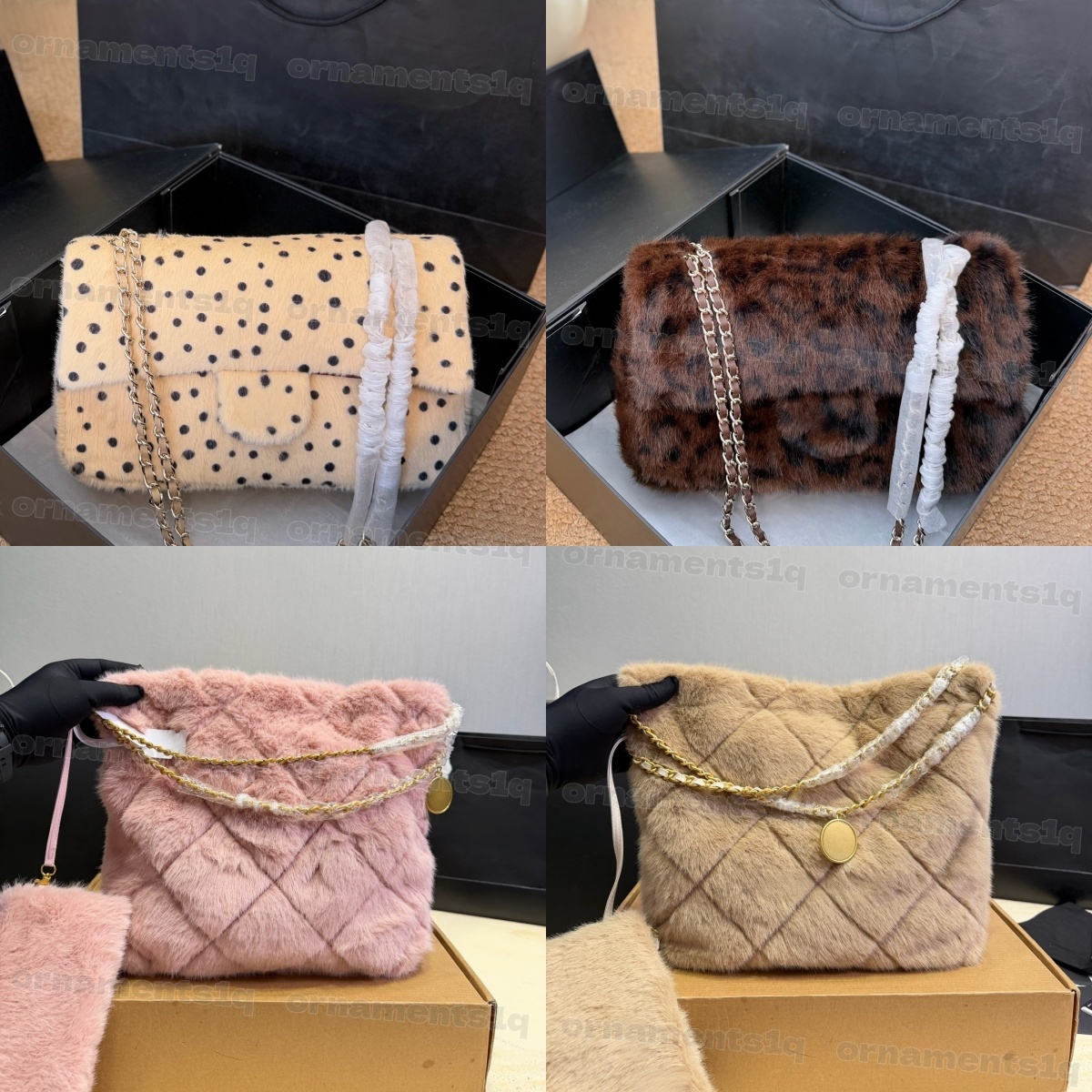 Sophisticated Women Winter Plush Furry Handbag, Diamond Quilted Flap Purse, Leather Woven Chain Shoulder Crossbody Bag, Multi Print & Solid Color Fa