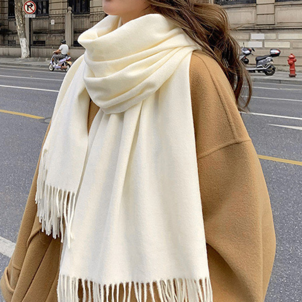 New Solid Color Thickened Imitation Cashmere Warm Embroidered Korean Style Women's High-End Autumn Winter Tassel Scarf Liuyuemoshang