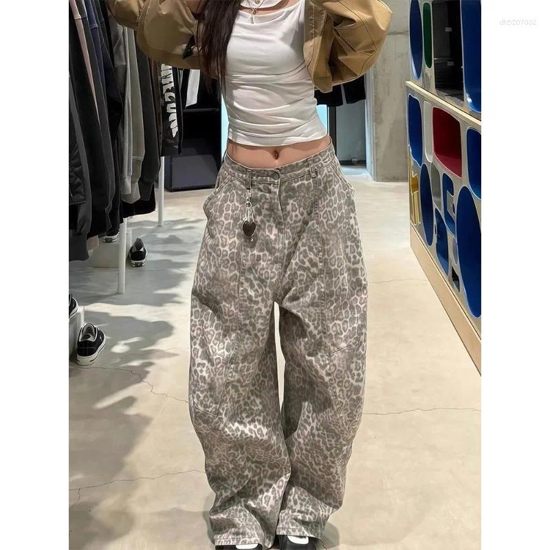 Jeans da donna con stampa leopardata con cuciture retrò americane streetwear Pantaloni dritti larghi hip-hop 2026 Pantaloni in denim a gamba larga Y