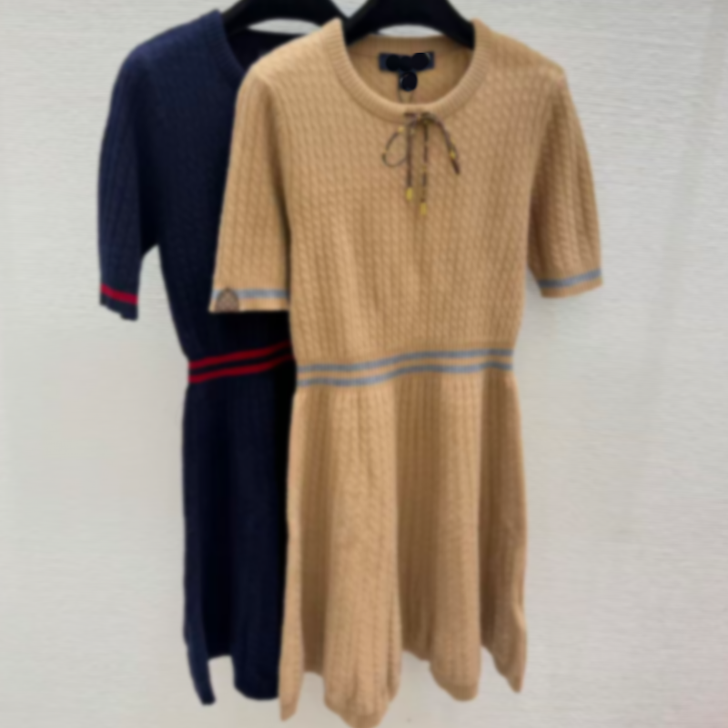 Women's Designer Stripe Knit Dress with O-Neck & Bow-Tie - A-Line Silhouette for Parties