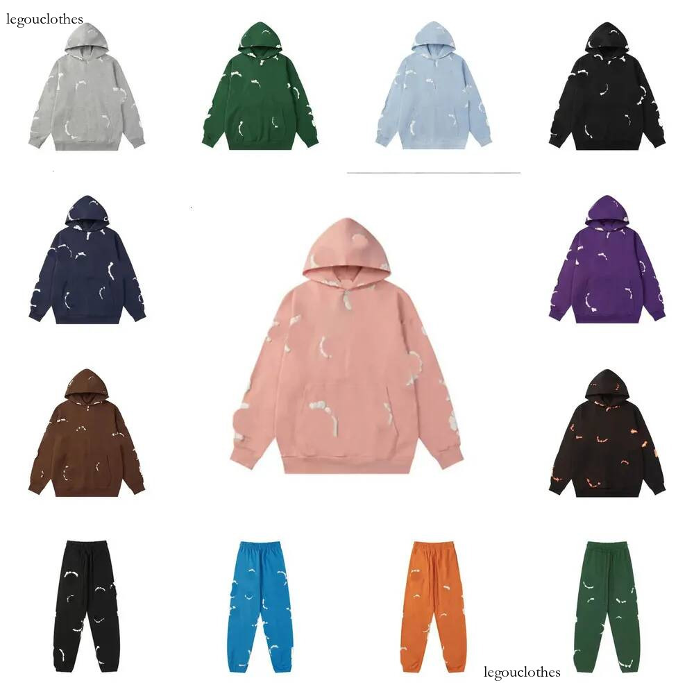 Men's Hoodie Kapok Puff Flower Printed Y2k Tracksuits High Street Pullover Vintage Hip Hop Fashion Tracksuits Casual Sweatshirt Pants Set