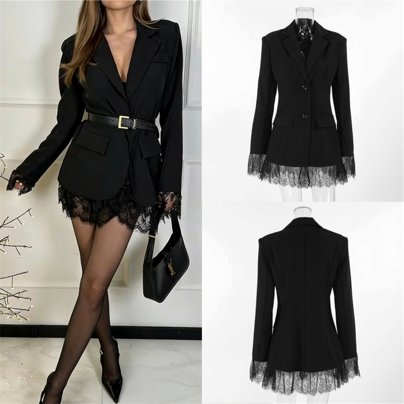Women Elegant Lace Hem Black Suit Coat Fashion Vneck Single Breasted Slim Fit Blazer 2026 Spring Office Lady Blazer Outwear 260920