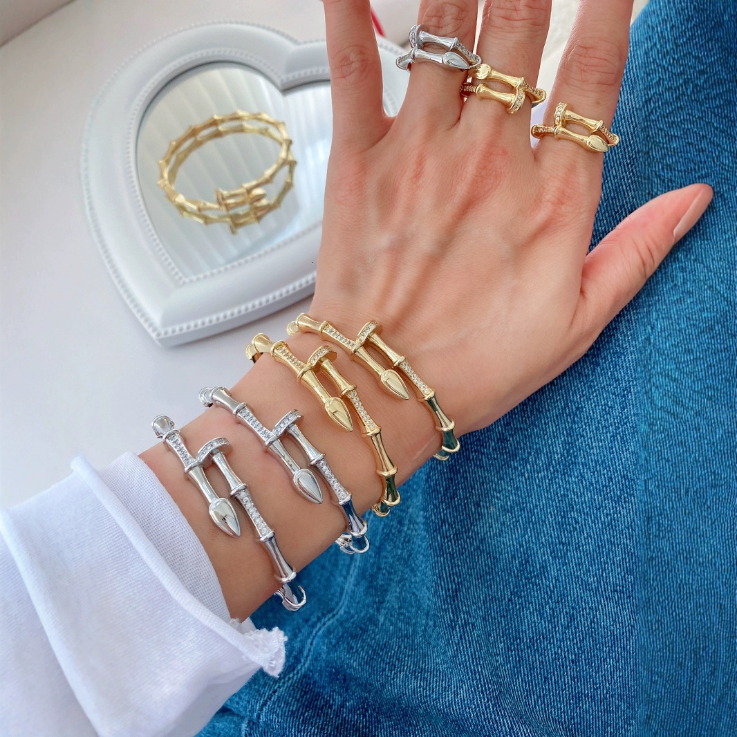 Luxurious Designer Japanese-style Minimalist Light And Fresh Small Delicate Diamond Stud Bracelet For Women, Bamboo-shaped Hand Ring, Simple And Uni