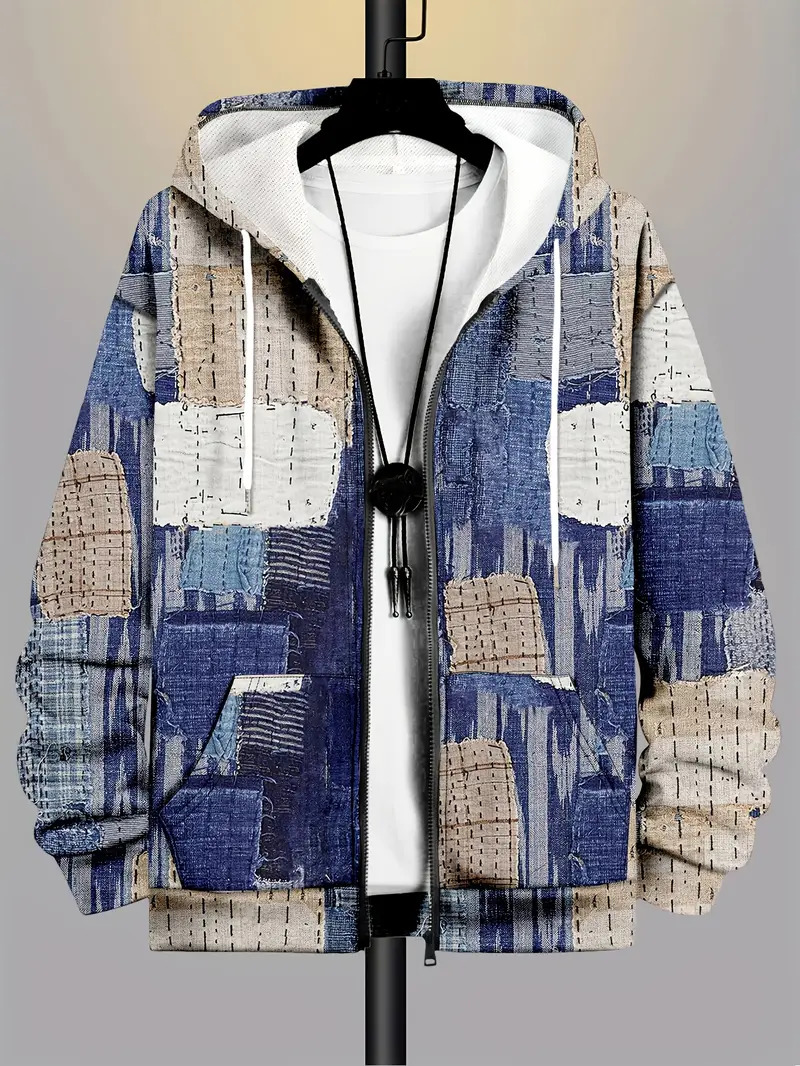 Retro Plaid Print Patchwork Zip Hoodie Men's Clothing Hot Style Long Sleeve Pullover Trend Streetwear Men zip up Hoodies