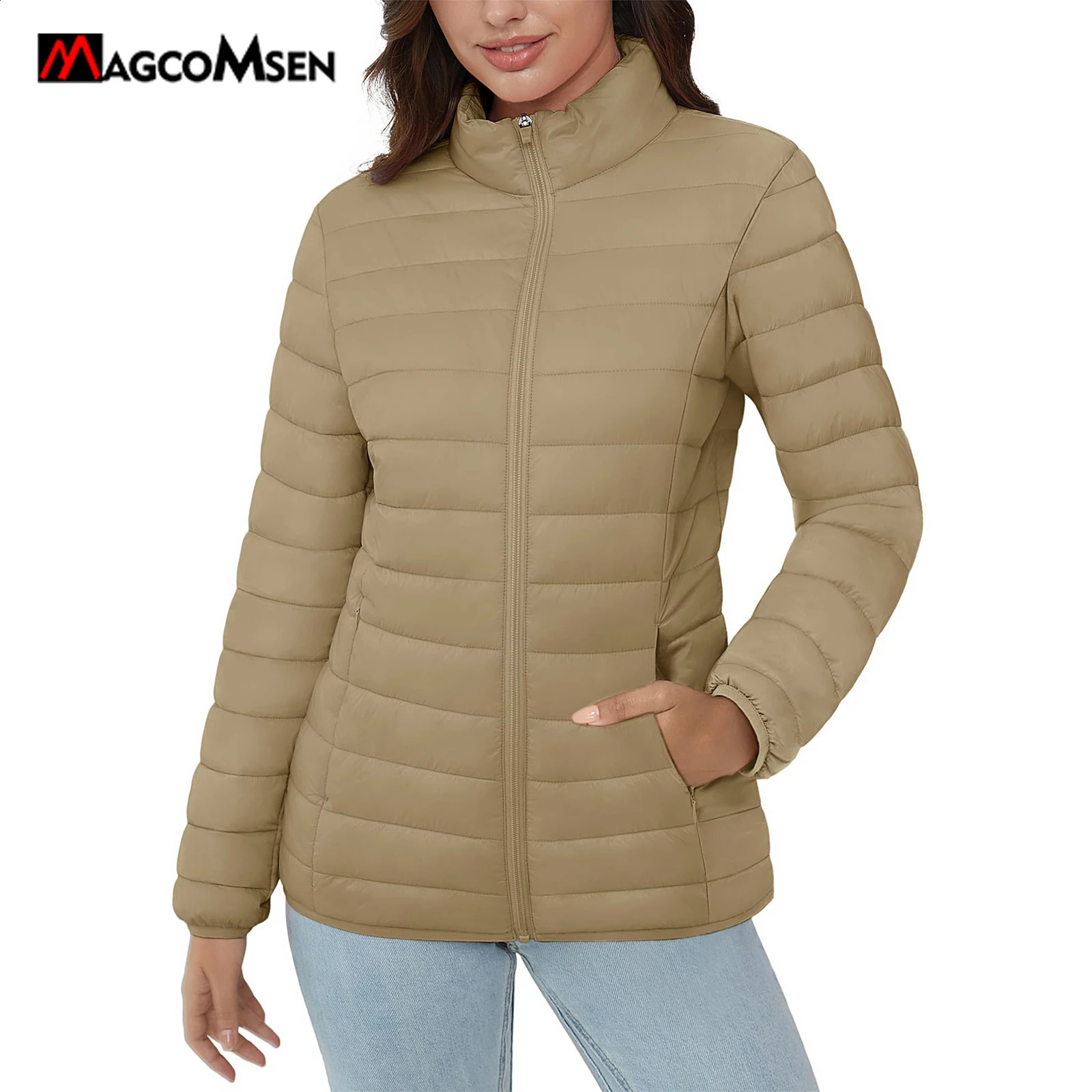 MAGCOMSEN Puffer Jackets Women's Lightweight Quilted Padded 3 Pockets Zip-up Stand-collar Winter Alternative Down Coats 260918