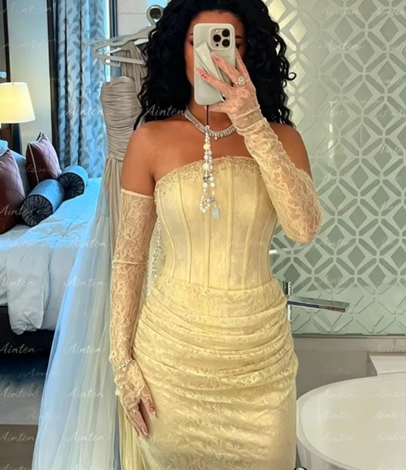 Elegant Light Yellow Mermaid Evening Formal Dresses Strapless Beads Sequins Lace Long Prom Pageant Party Gowns Celebrity Birthday Vestidos De Feast