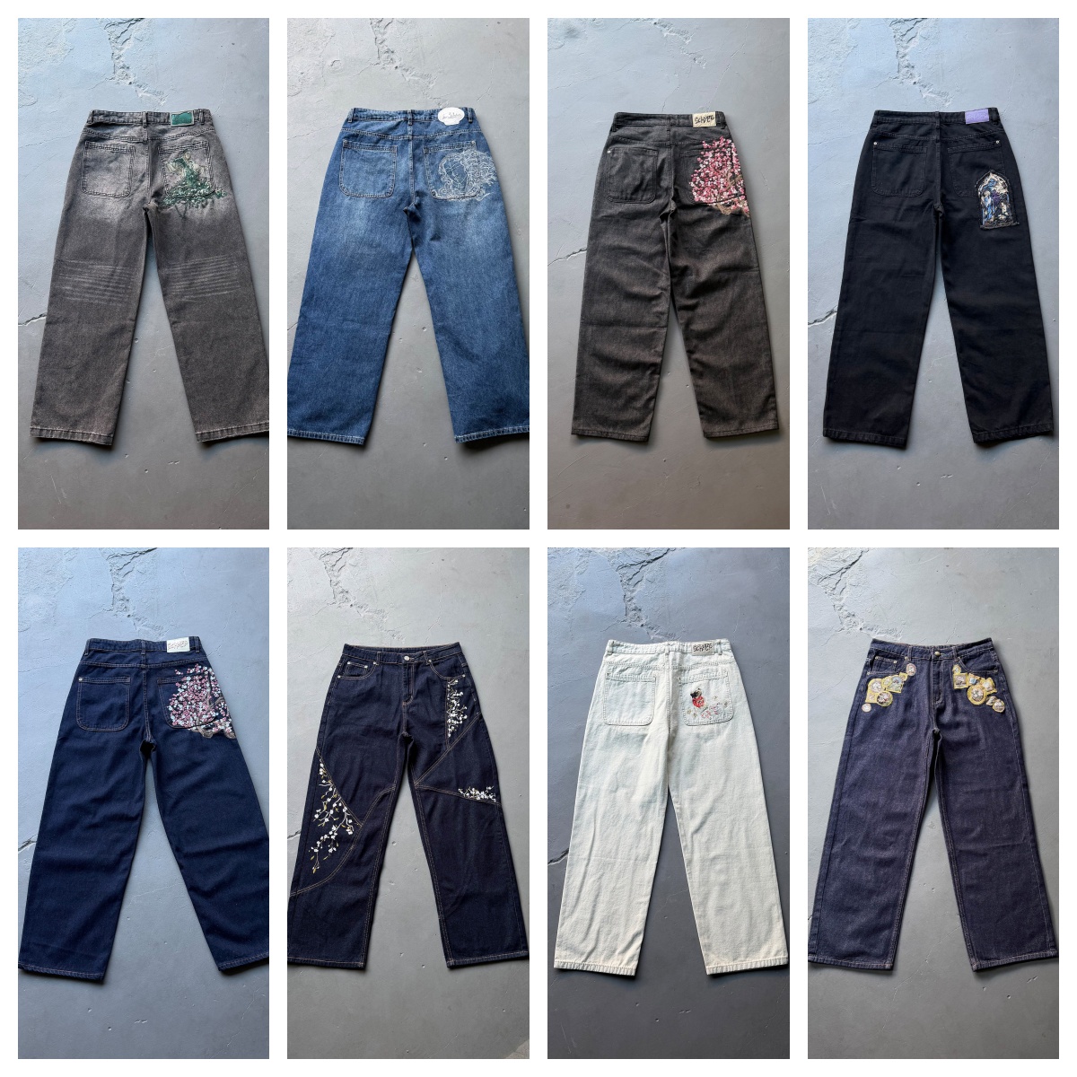 derschutze jeans mens designers Patchwork Cherry Blossom Embroidery Denim Pants Y2k Vintage Women Baggy trousers Straight Jeans Street Men Clothes m