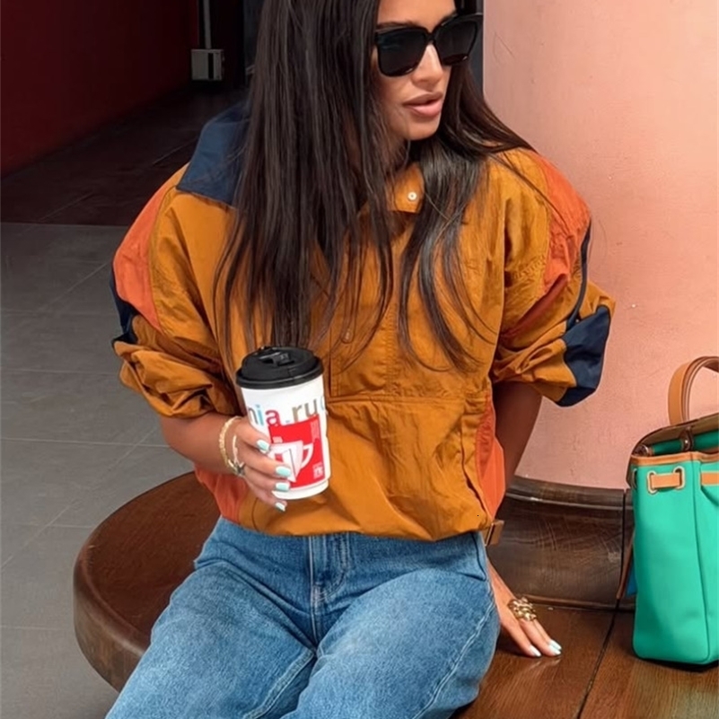 Elegant Contrast Jacket Women Loose Full Sleeve Stand Collar Button Jackets Female 2026 Fashion Autumn Outwear Lady 260920
