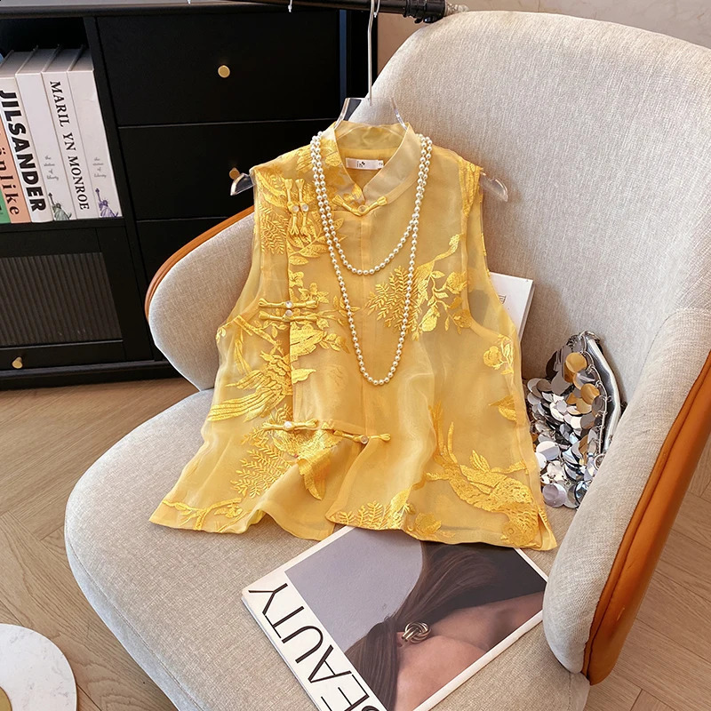 Vintage Vest Shirt Chinese Style Embroidered Stand Collar Organza Spring and Summer Temperament Women's Clothing 260911