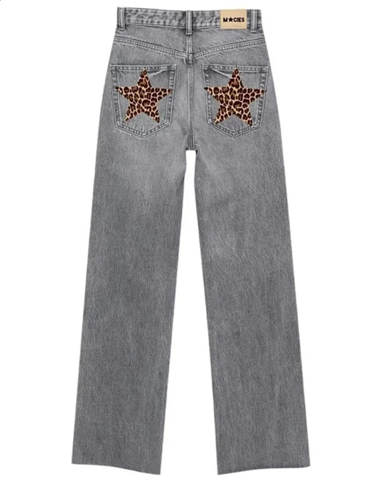 Jeans da donna con toppa a stella leopardata a vita alta Jeans dritti a vita alta Abbigliamento moda Pantaloni blu puliti Pantaloni retrò Denim 2609