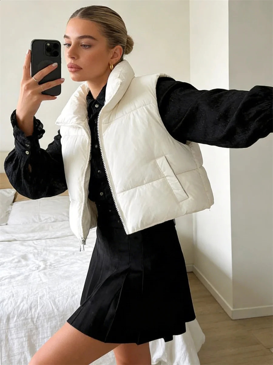 Women Waistcoat Fall Winter Warm Cropped Coats Stand Collar Sleeveless Lightweight Vest Jackets Fashion Outerwear 260911