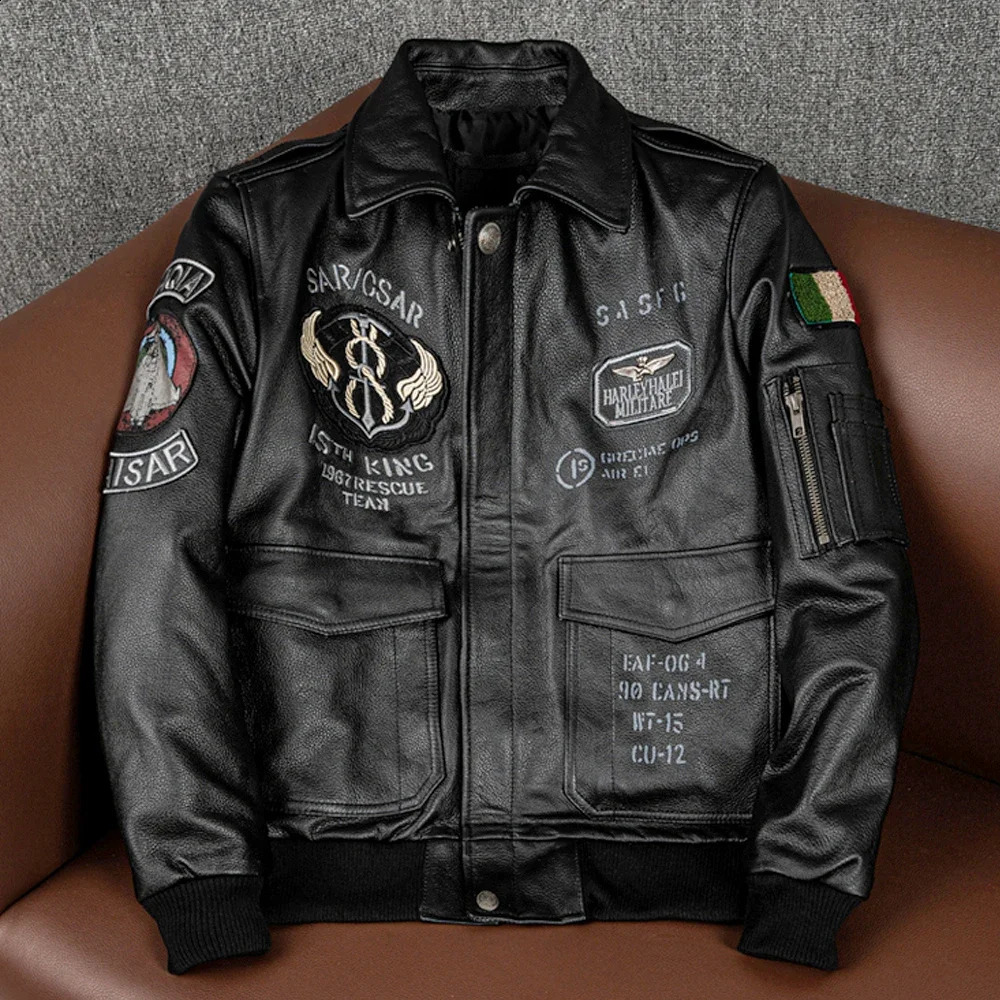 Spring Men's Genuine Leather Jacket Embroidery Bomber Cowhide Air Force Jacket Motorcycle Leather Coat A2 Biker Clothes 260920