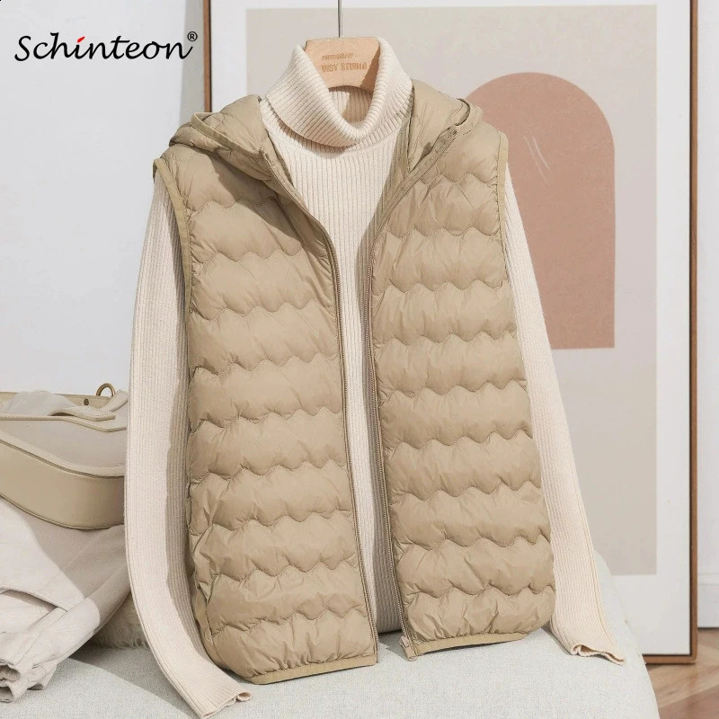 Schinteon Women's 90% Lightweight White Duck down Vest Autumn Winter Warm Top with Hood 2026 Sleeveless Jacket 260918