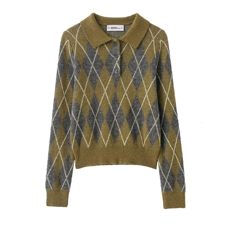 Zevity Women Vintage Diamond Geometric Pattern Crochet Knitting Sweater Female Chic Polo Collar Slim Pullovers Coat Tops SW9479 260918