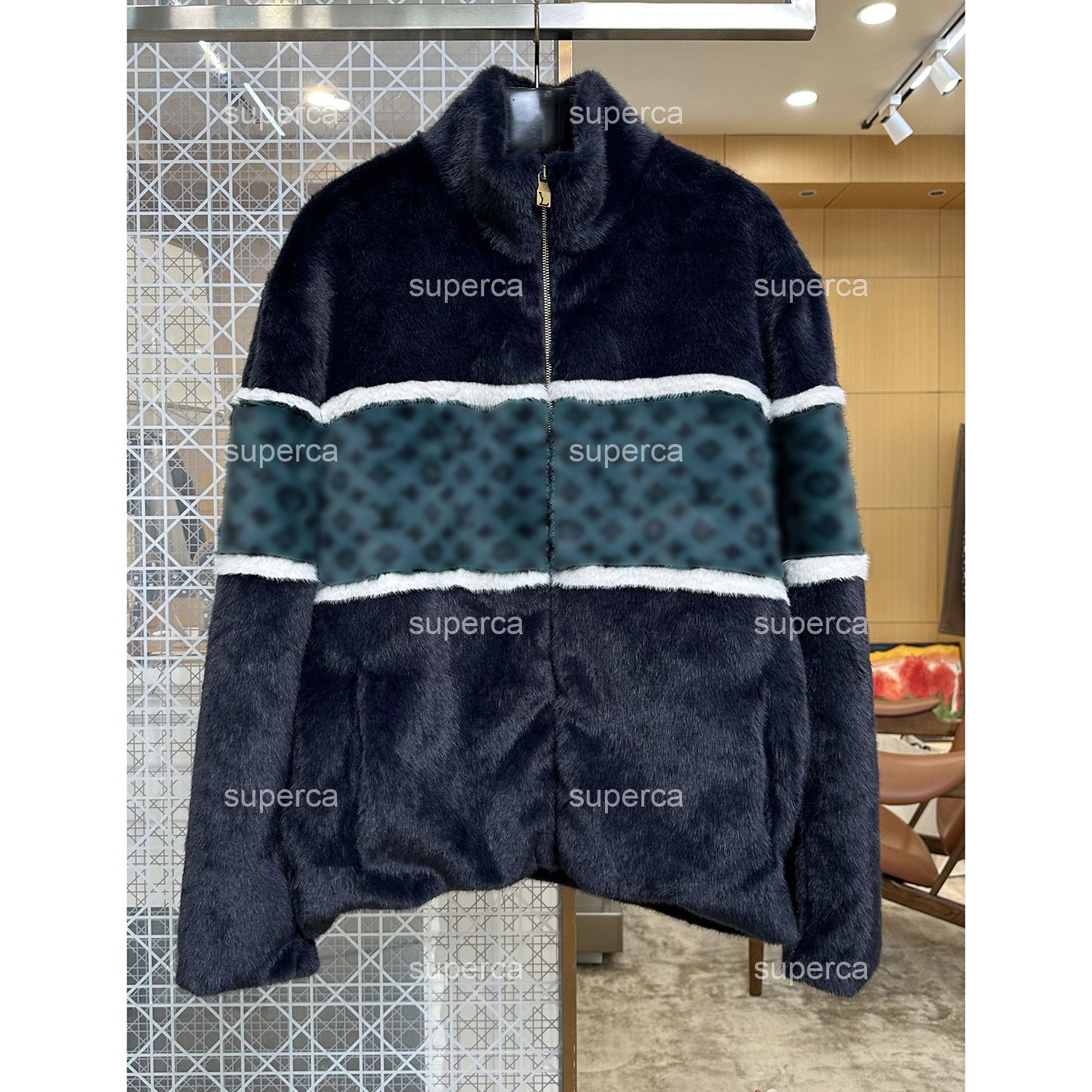 Luxury Designer Unisex Mink Fur Stand Collar Jacket Color Block Striped Warm Winter Coat Casual Loose Outerwear For Men and Women Puffer Jacket
