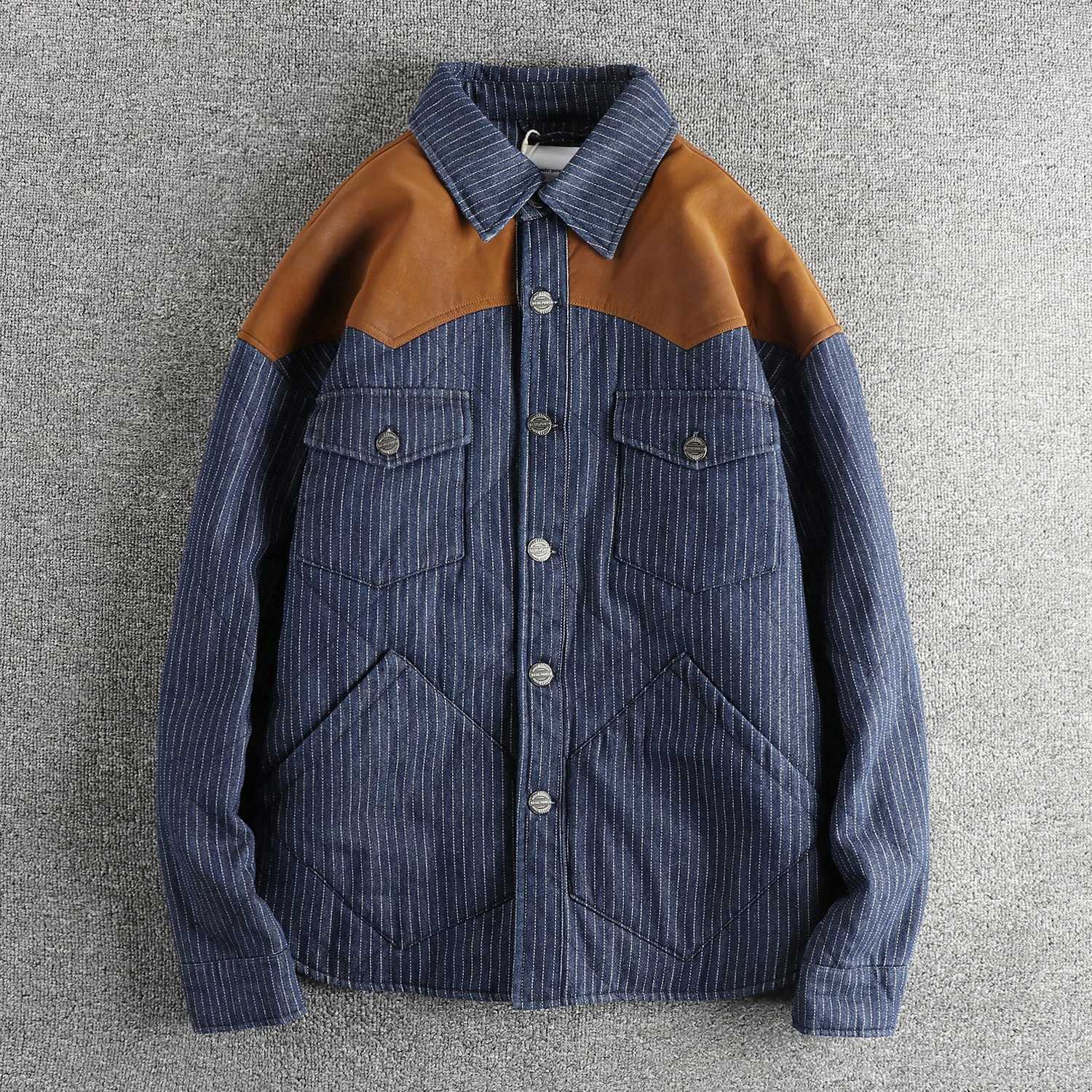 Men's Jackets Split leather denim striped jacquard fabric denim jacket men's retro trend multi-pocket cargo cotton jacket X260919