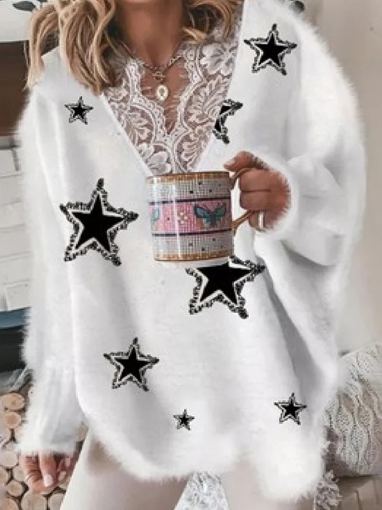 Women's V Neck Long Sleeve Sweater Casual Loose Fit Pullover Sexy Zipper Warm Knit Printed Fashion Trend for Women 260918
