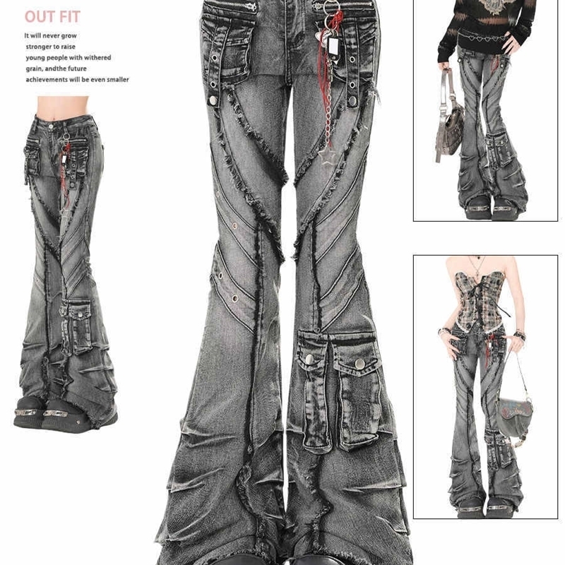 Autumn Winter Women's Denim Pants Dark Academia Cargo Jean Flared Bell Bottom ner Kpop Japanese Y2k 2000s Goblin Core 260909